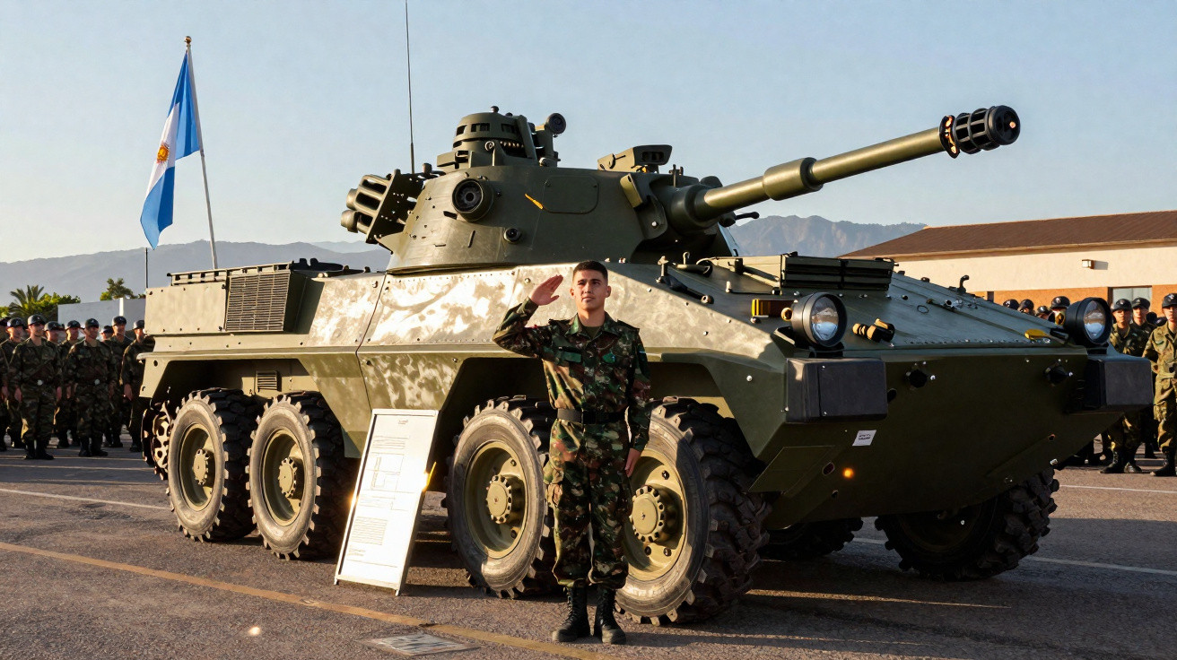 Soldado em uniforme a saudar em frente a veículo blindado militar com bandeira da Argentina ao fundo.