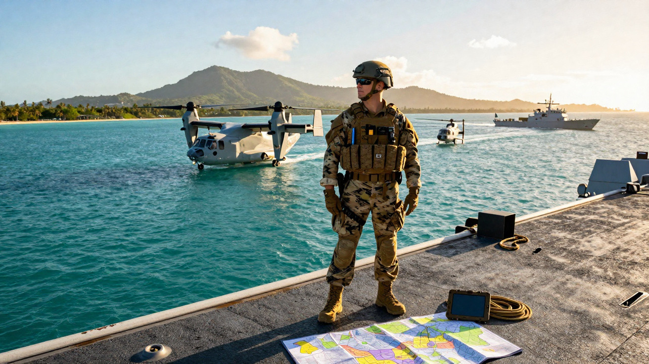 Soldado em uniforme militar completo em convés de navio, com mapa e equipamentos, mar e montanhas ao fundo.