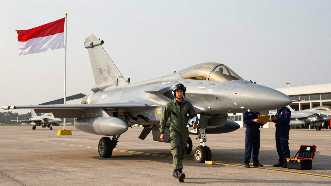 Piloto militar em fato verde caminha à frente de caça cinzento na pista com bandeira vermelha e branca ao fundo.
