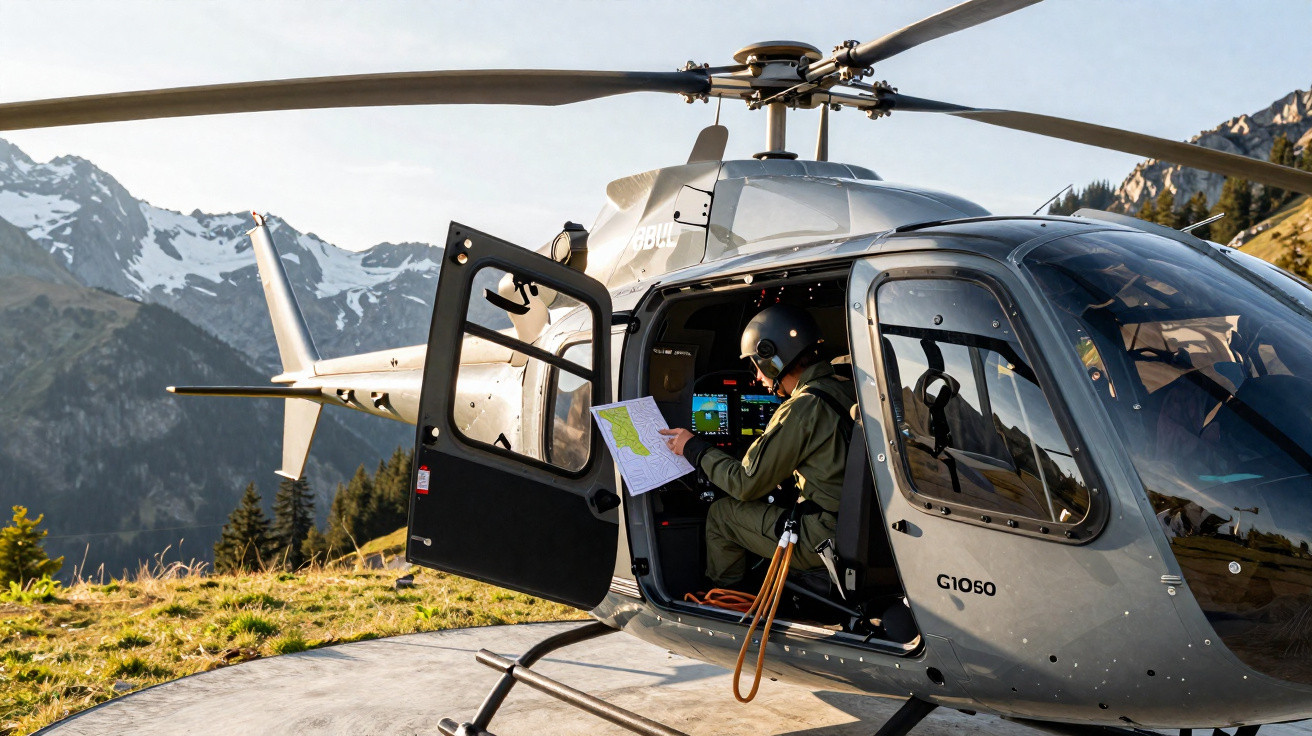 Piloto com capacete senta-se no interior de helicóptero estacionado numa plataforma, com montanhas ao fundo.