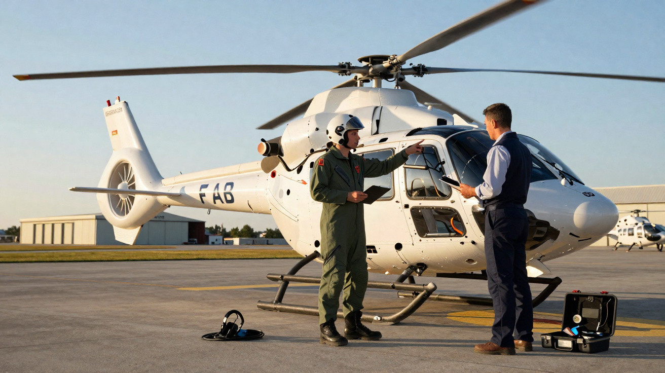 Duas pessoas em frente a um helicóptero branco estacionado numa pista de aeroporto, com equipamentos no chão.