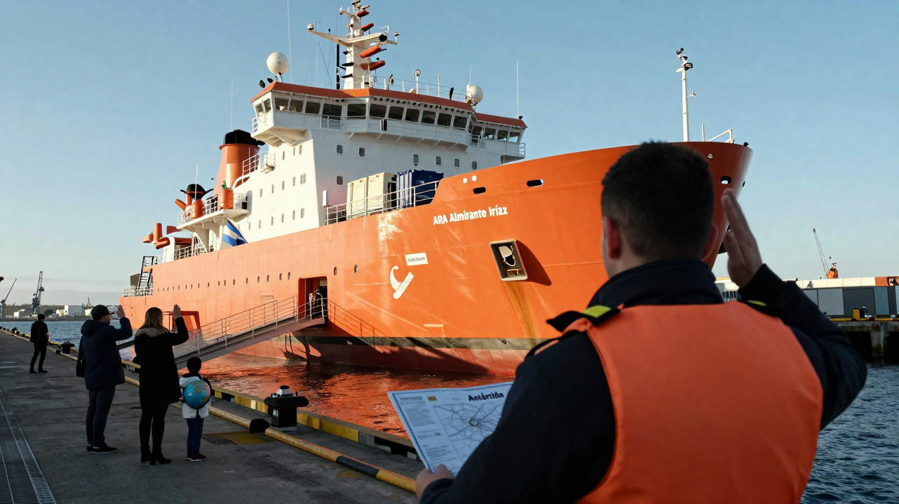 Marinha Argentina despede-se com continência do navio ARA Almirante Irízar no porto ao pôr do sol.