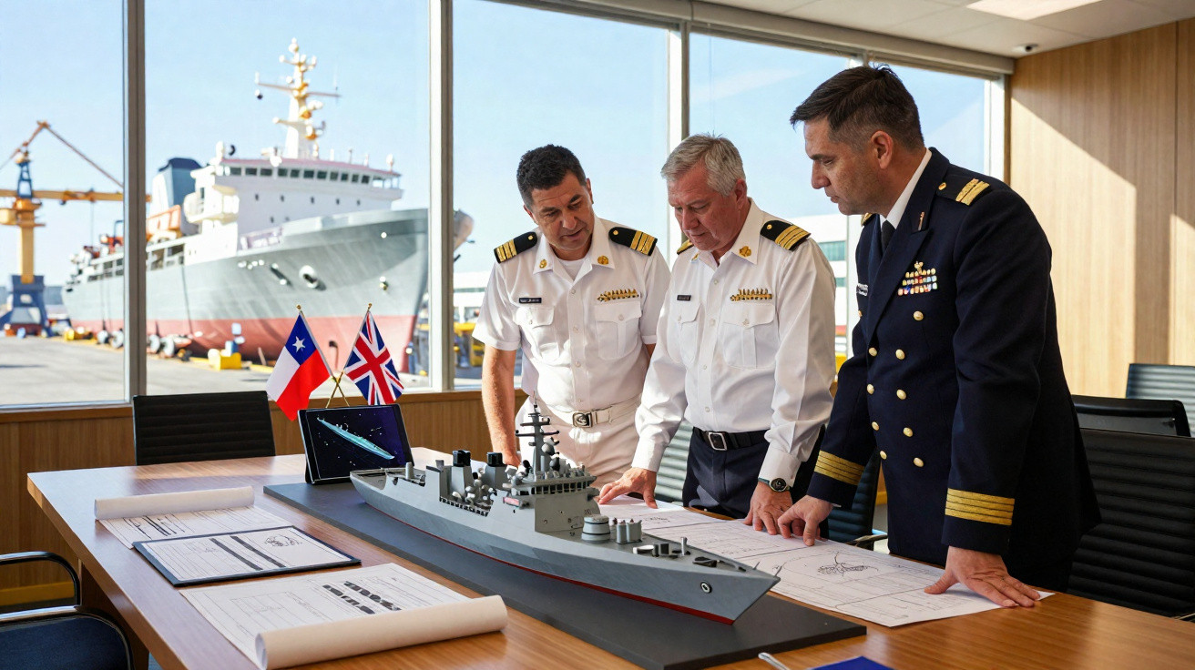 Três oficiais navais analisam planta e modelo de navio em sala com vista para porto e navio atracado.