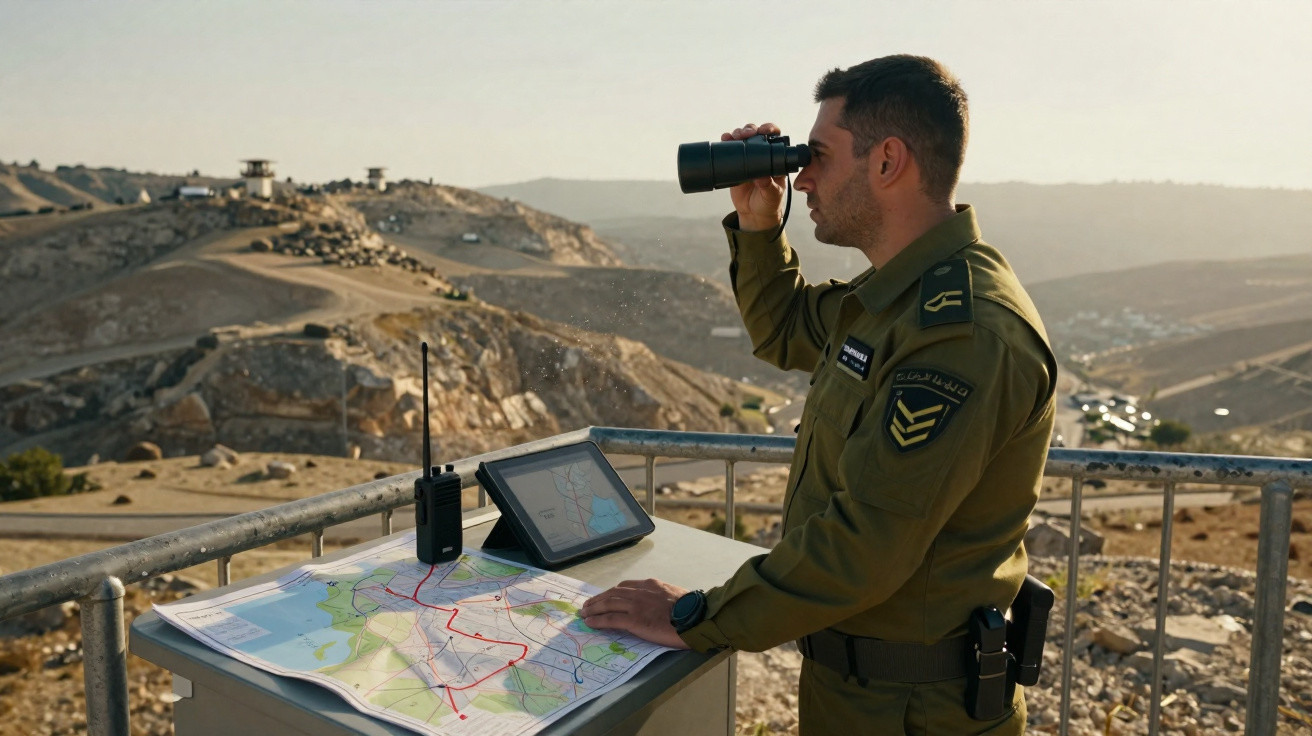 Soldado com binóculos observa terreno árido, com mapa, rádio e tablet sobre mesa metálica.
