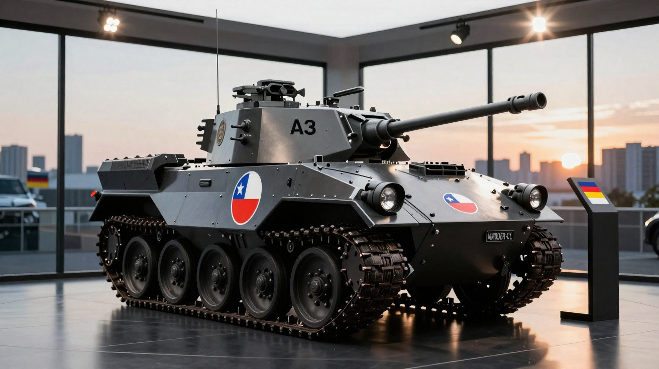 Tanque militar cinzento com símbolo e bandeira do Chile exposto num museu moderno com janelas amplas.