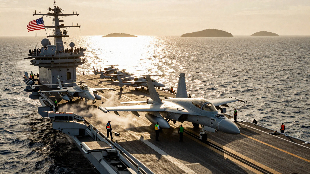 Porta-aviões com caças F/A-18 na pista de voo ao pôr do sol no mar, com tripulação a bordo e bandeira dos EUA a tremular.