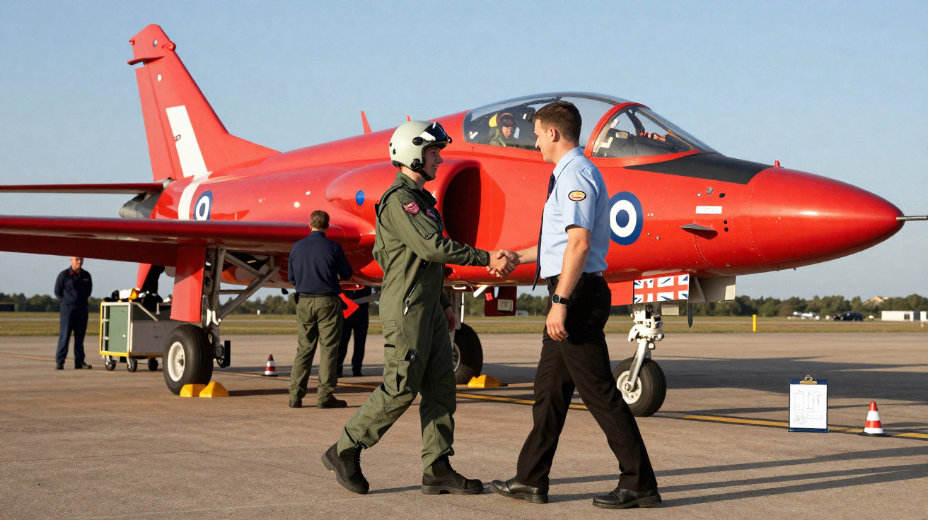 Piloto militar e oficial cumprimentam-se em pista junto a avião vermelho de treino da Força Aérea.