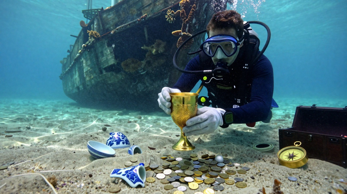 Mergulhador a explorar um tesouro submerso com moedas, taça dourada, bússola e peças de cerâmica no fundo do mar.