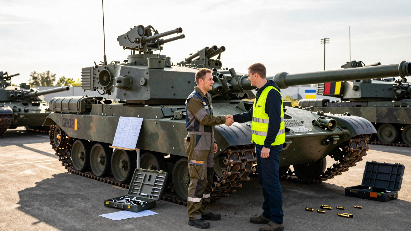 Dois homens apertam as mãos em frente a um tanque militar com ferramentas e munições no chão.
