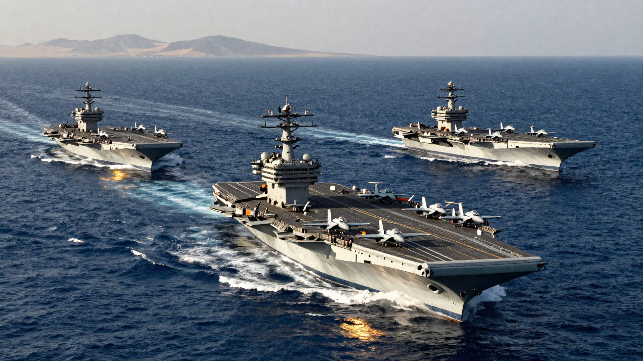 Três porta-aviões militares a navegar no mar aberto, com montanhas ao fundo.