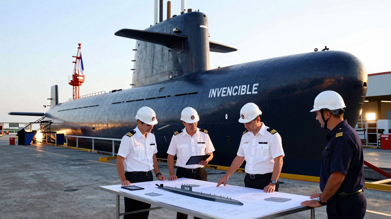 Quatro militares com capacetes analisam planta e miniatura do submarino Invencible numa doca.