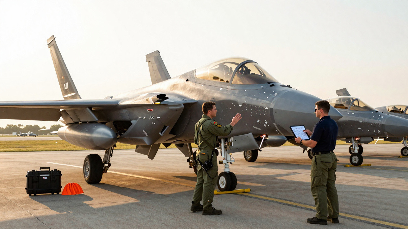 Pilotos em uniforme discutem diante de jato militar estacionado numa pista ao entardecer.