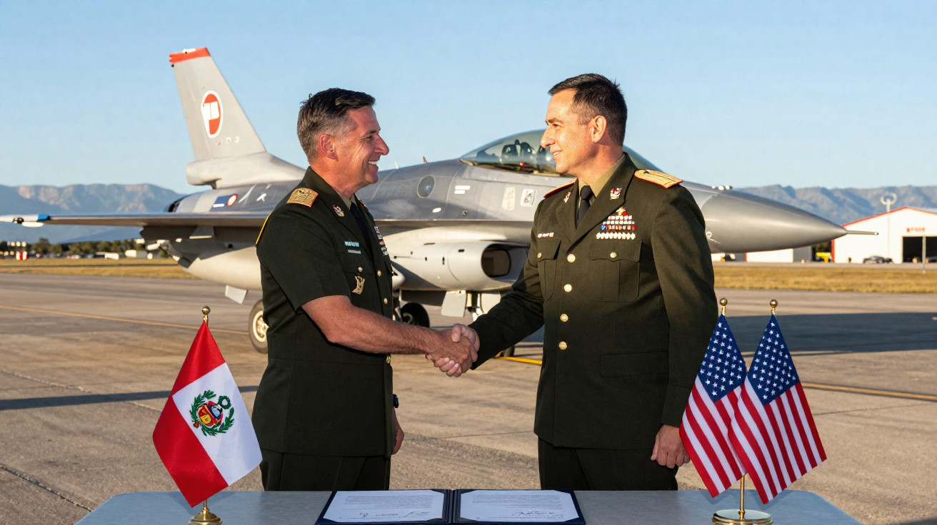 Dois militares apertam as mãos em frente a um caça, com bandeiras do Peru e Estados Unidos na mesa.