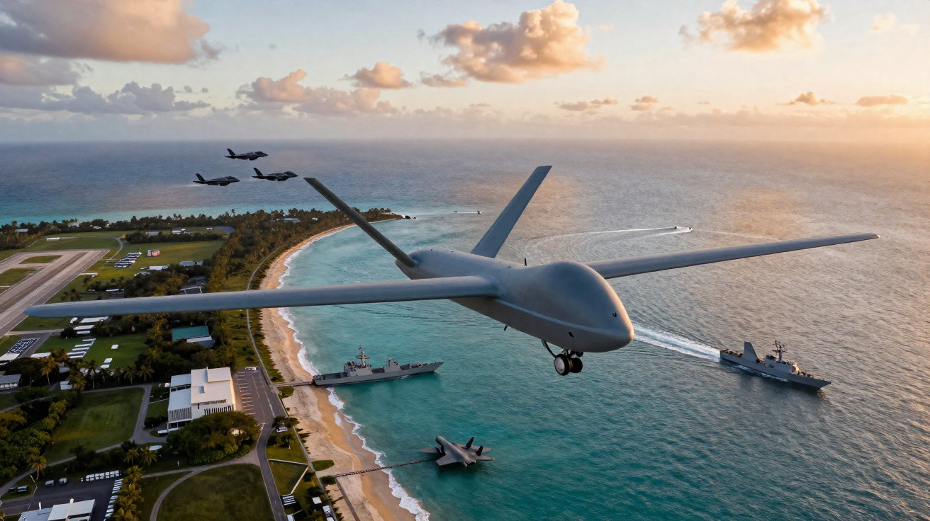 Drone militar voando sobre uma ilha costeira com aviões e navios militares ao fundo durante o pôr do sol.