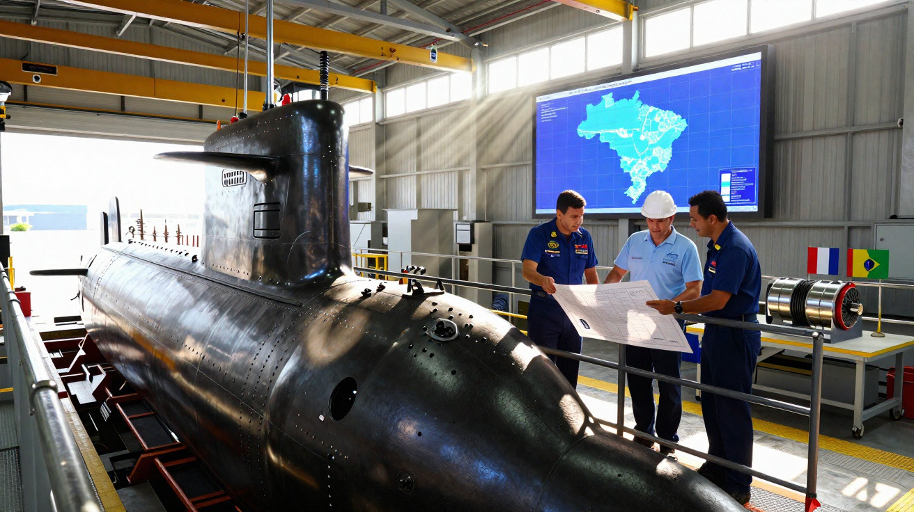 Submarino negro em estaleiro com três homens a analisar planta numa área industrial bem iluminada.