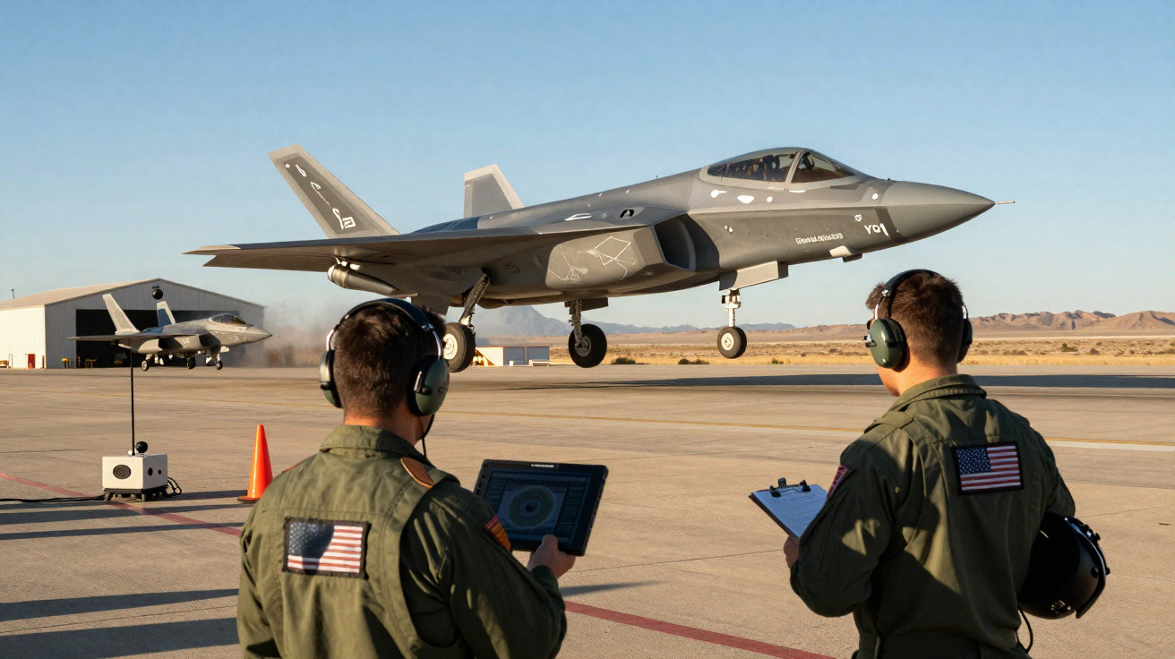 Dois militares com fones de ouvido observam um caça F-35 a descolar numa pista de um aeroporto militar.