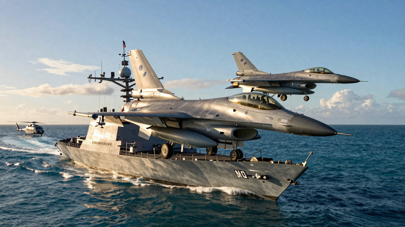 Cruzador naval com dois jatos militares F-16 na água sob céu azul com um helicóptero ao fundo.
