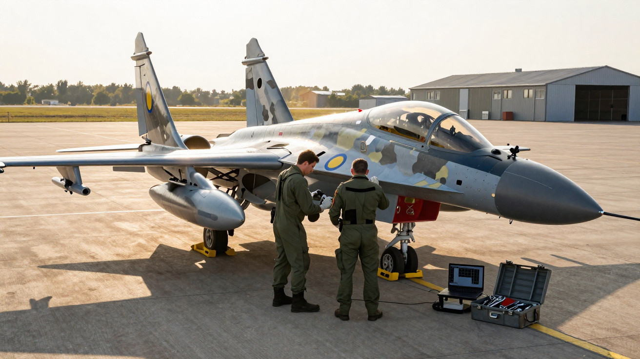 Avião de caça camuflado em pista com dois técnicos em fatos verdes a realizar manutenção.