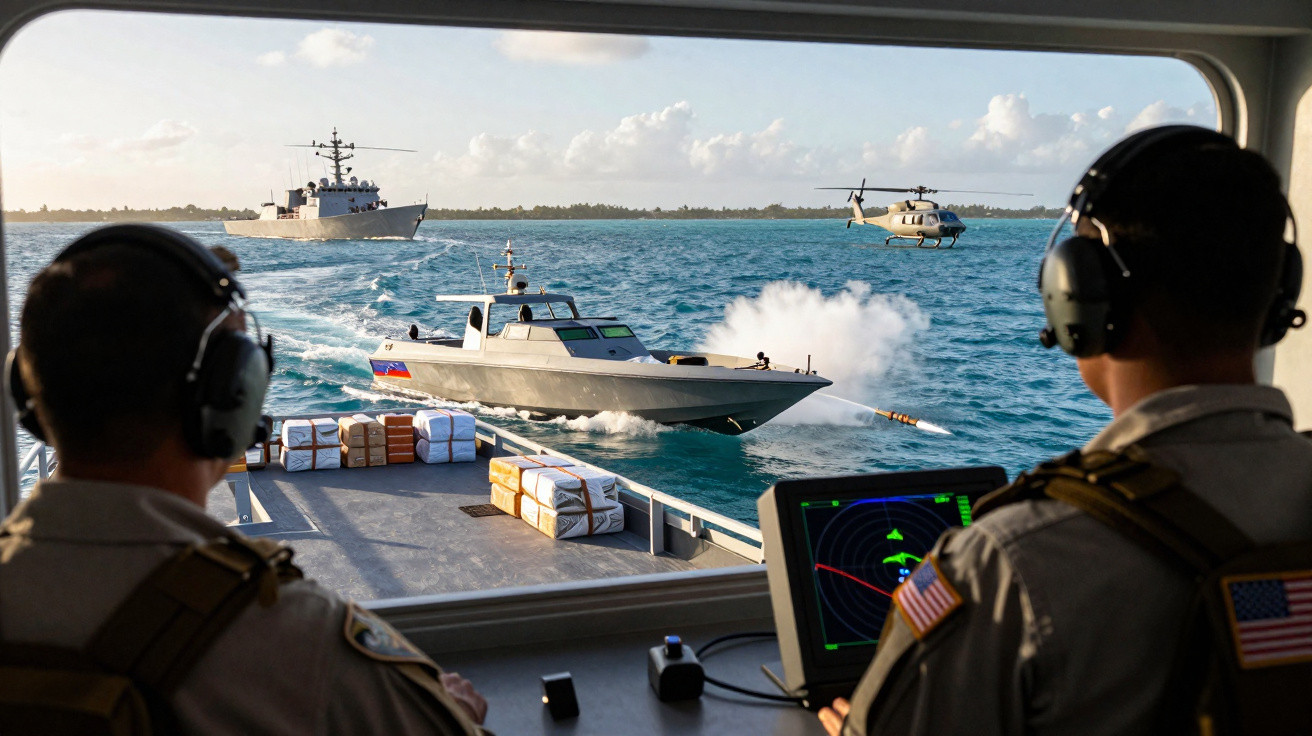 Dois militares observam abordagem naval de uma embarcação com helicóptero e navio de guerra no horizonte.