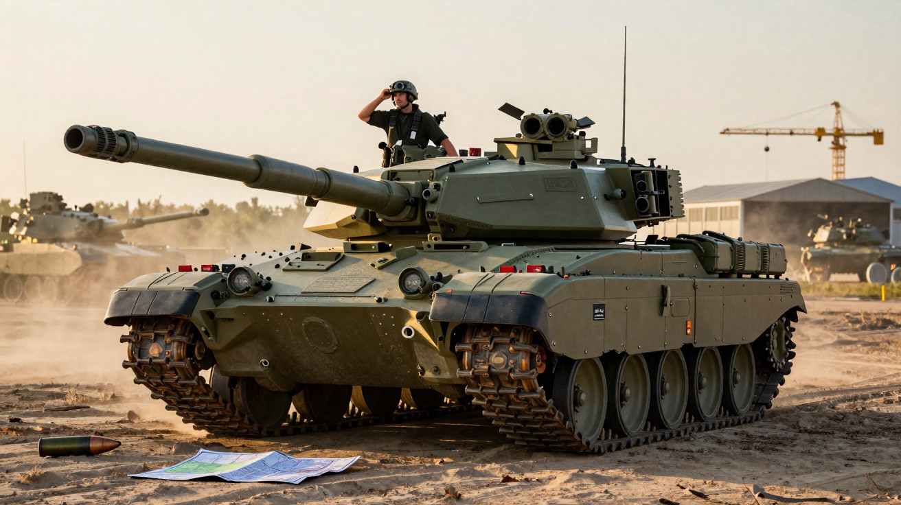 Tanque militar verde com soldado em cima, mapas no chão e ambiente de treino em fundo diurno.
