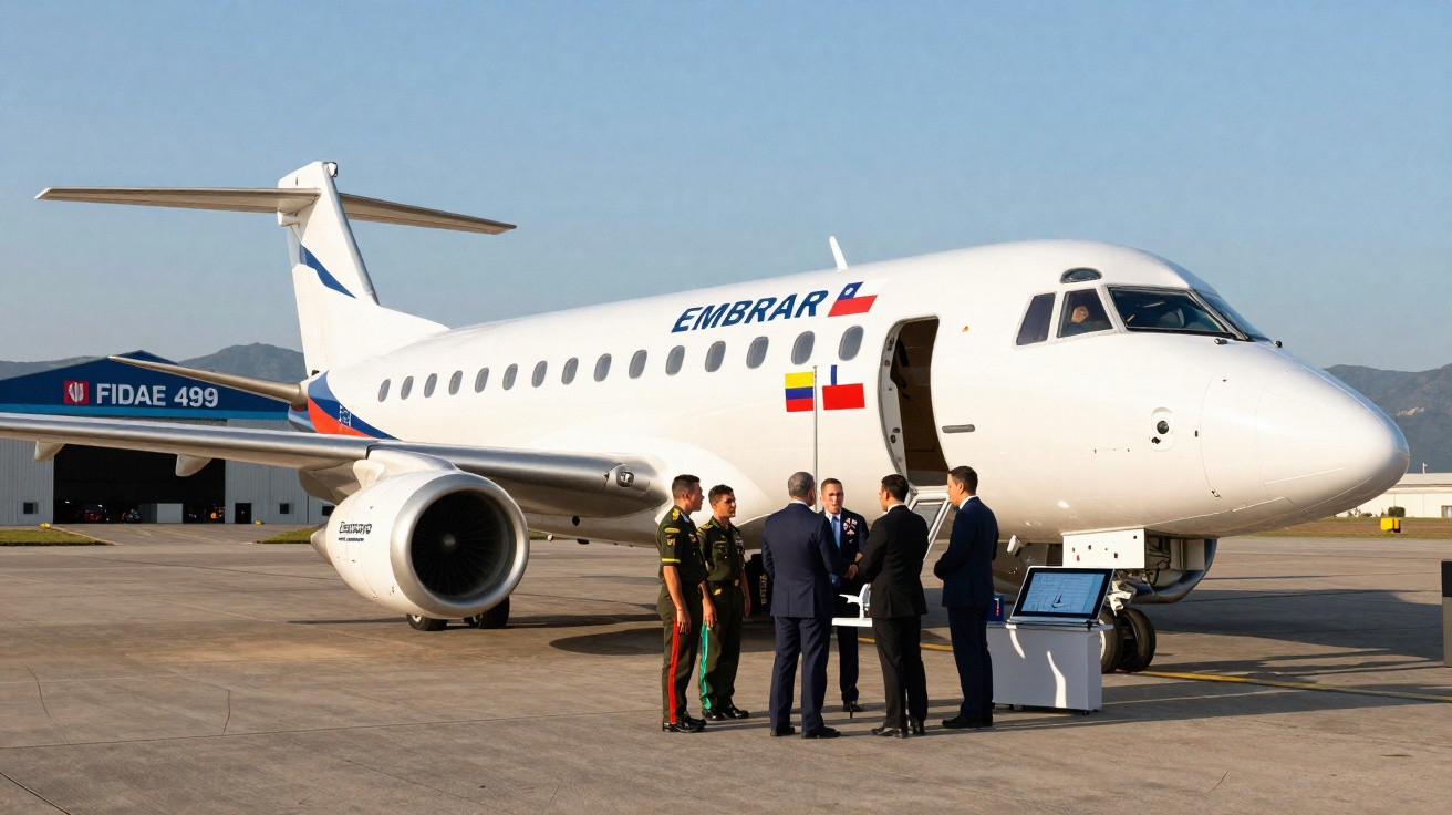 Avião Embraer branco estacionado com cinco homens em uniforme e fato junto à porta aberta no aeroporto.