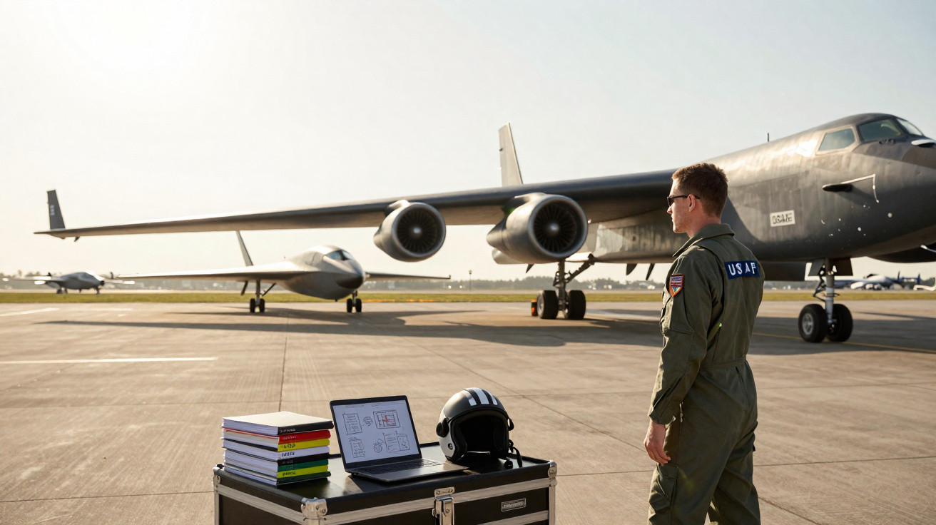 Militar da Força Aérea dos EUA de pé junto a mesa com capacete, livros e portátil, com aviões militares na pista.