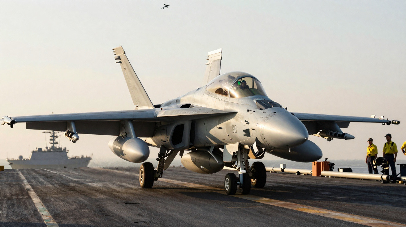 Caça militar estacionado no convés de um porta-aviões com três pessoas ao fundo e outro avião a voar.