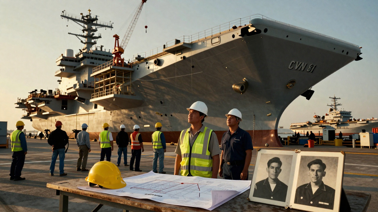 Homens com capacetes e coletes refletores junto a porta-aviões CVN 81 e fotografias antigas numa doca.
