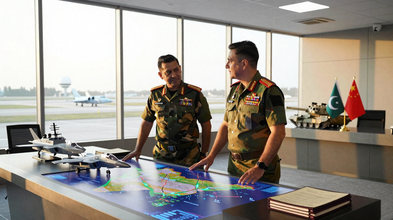 Dois militares em uniforme de comando discutem estratégia junto a mesa digital com mapas em escritório com janelas grandes.