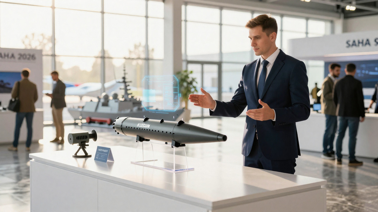 Homem de fato formal apresenta modelo de míssil com projeção holográfica numa feira de tecnologia militar.