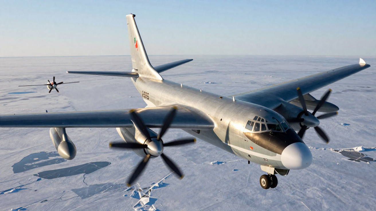 Avião militar de quatro hélices a voar sobre uma paisagem gelada e nevada.