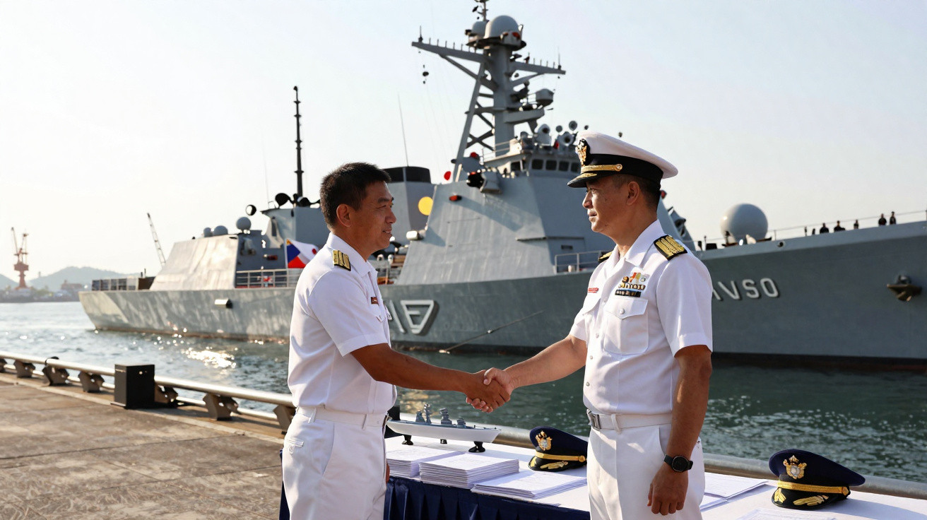 Dois oficiais navais em uniforme branco a cumprimentarem-se no cais com navio militar ao fundo.