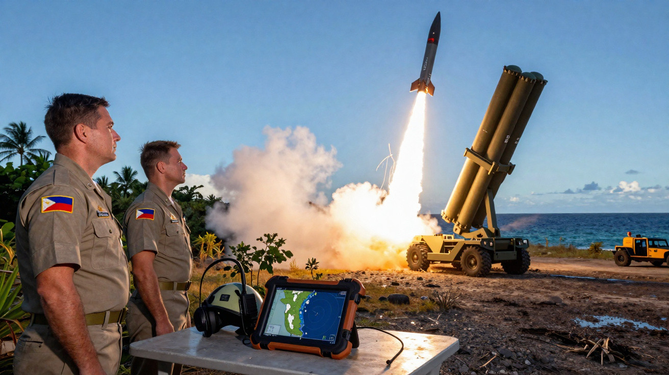 Dois militares observam o lançamento de um míssil de sistema de defesa perto do mar ao pôr do sol.