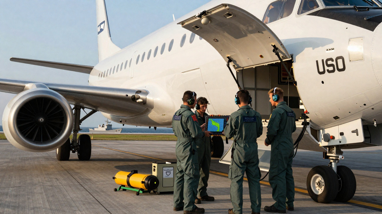 Quatro técnicos em fato verde junto a um avião branco com porta aberta num aeroporto.