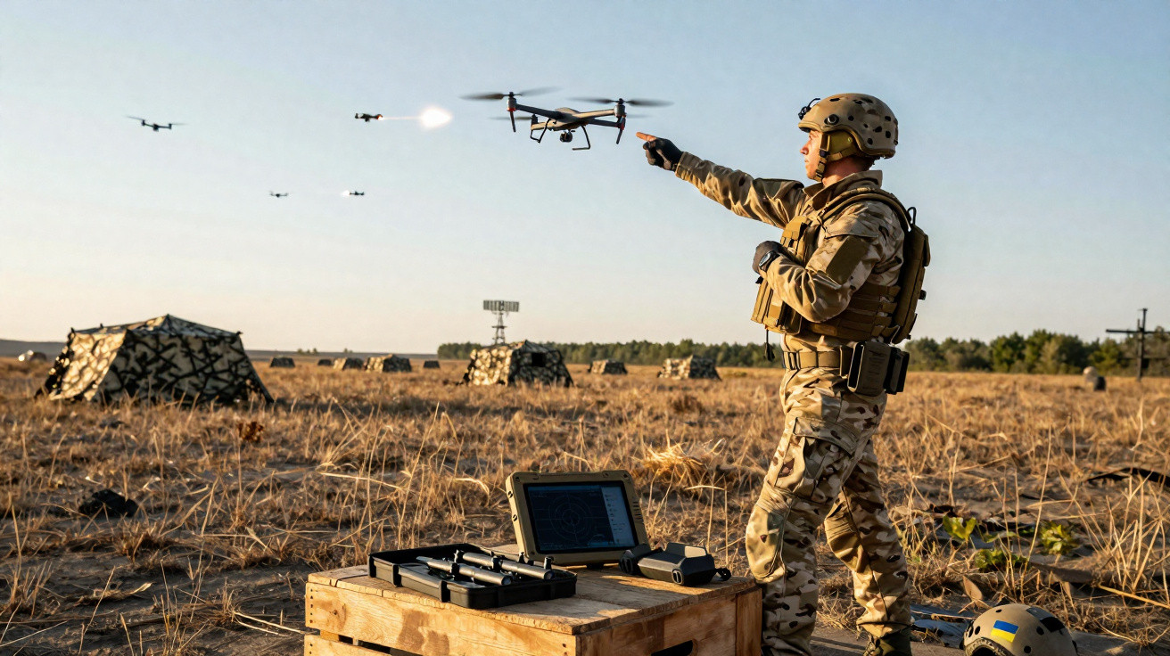 Soldado militar a operar drone armado num campo com tendas de camuflagem ao pôr do sol.