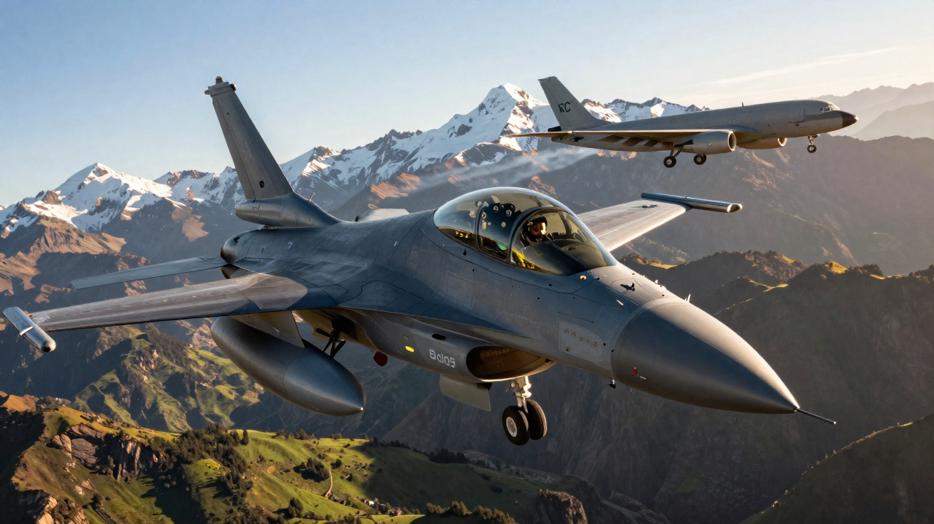 Caça militar a voar sobre montanhas com outro avião maior ao fundo ao pôr do sol.