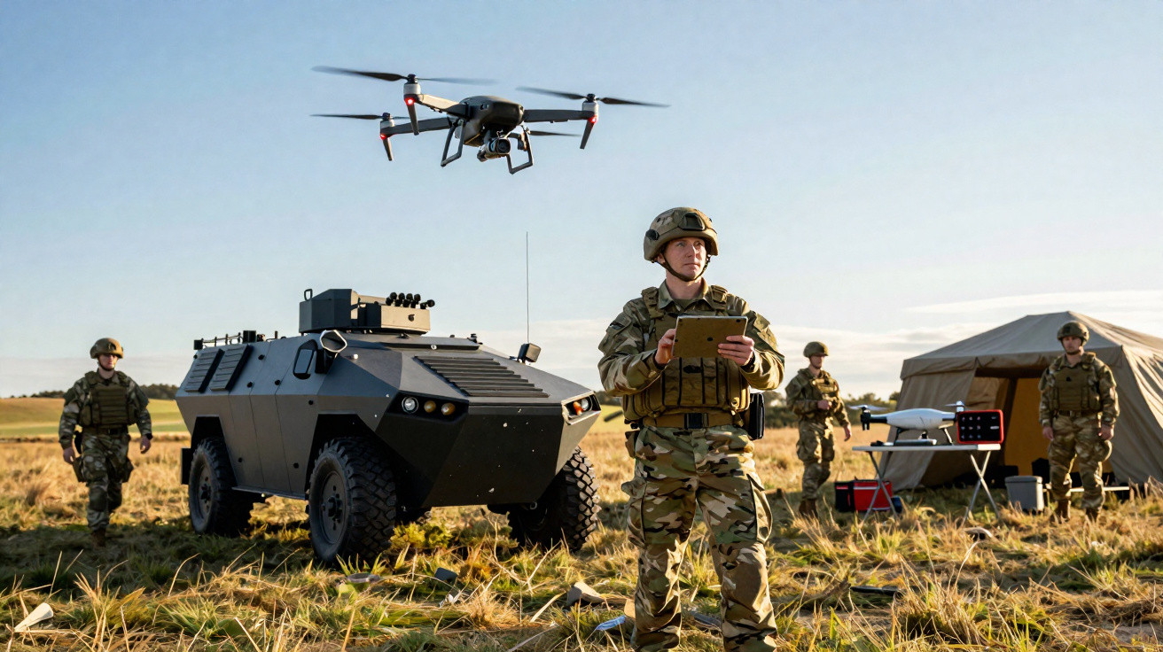 Soldados em campo com veículo blindado, drone a voar e tenda ao fundo, durante exercício militar.
