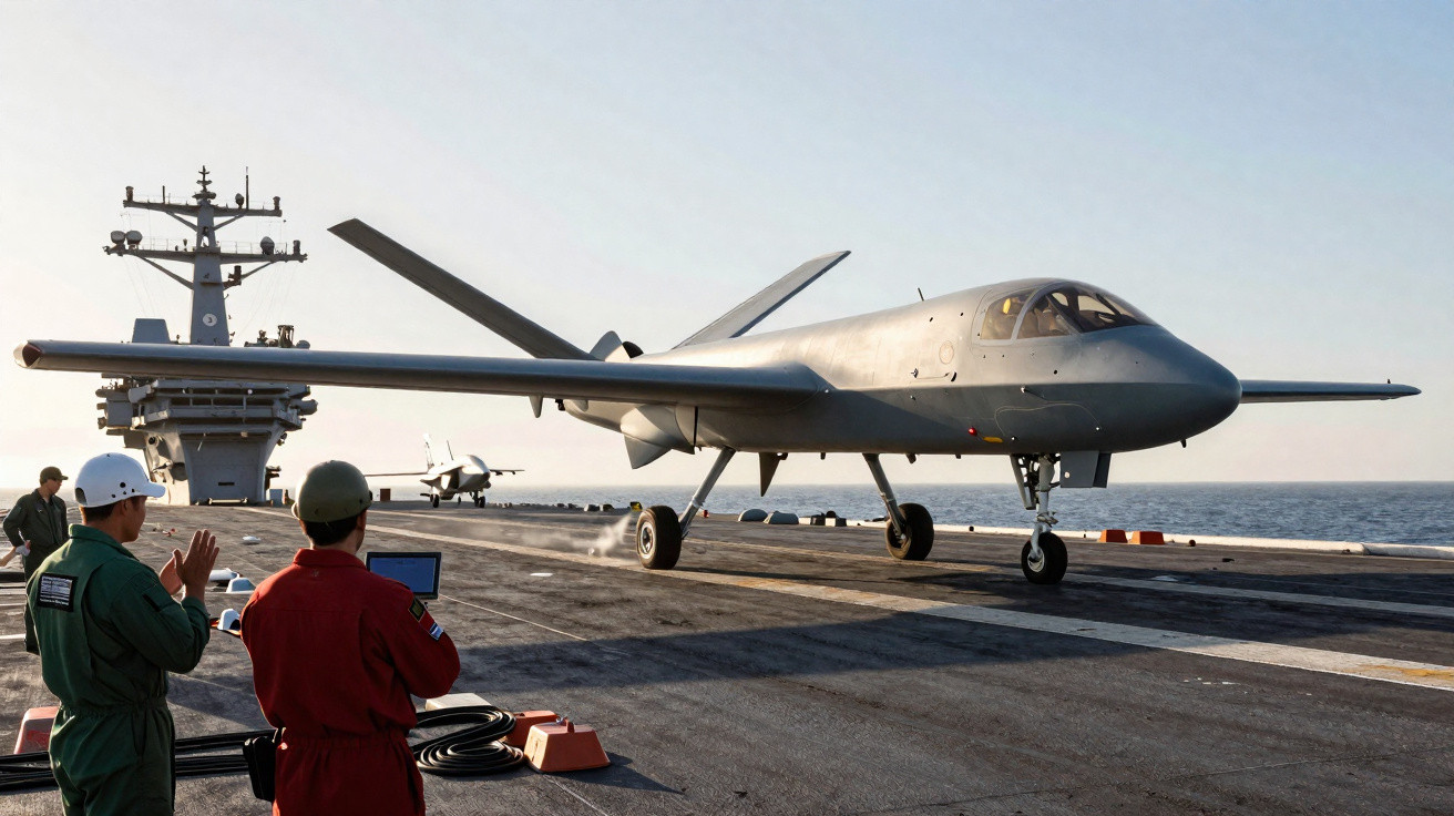 Drones militares num porta-aviões com dois operadores a monitorizar o descolagem ao amanhecer.