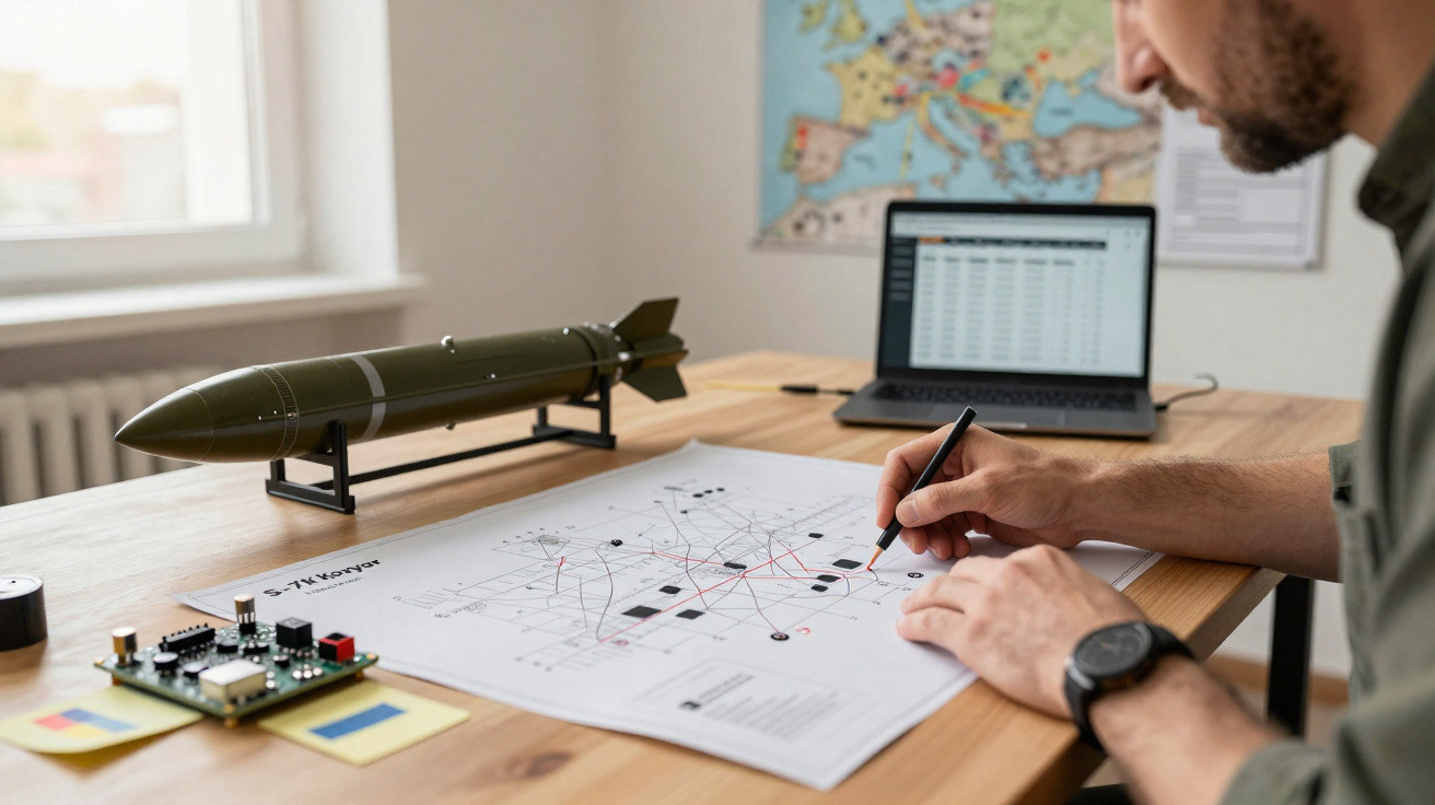 Homem a trabalhar num mapa estratégico à mesa com maquete de míssil e computador portátil.
