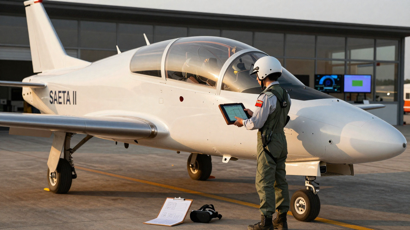 Piloto com fato de voo e capacete verifica táblet junto a avião ligeiro branco na pista de um aeroporto.