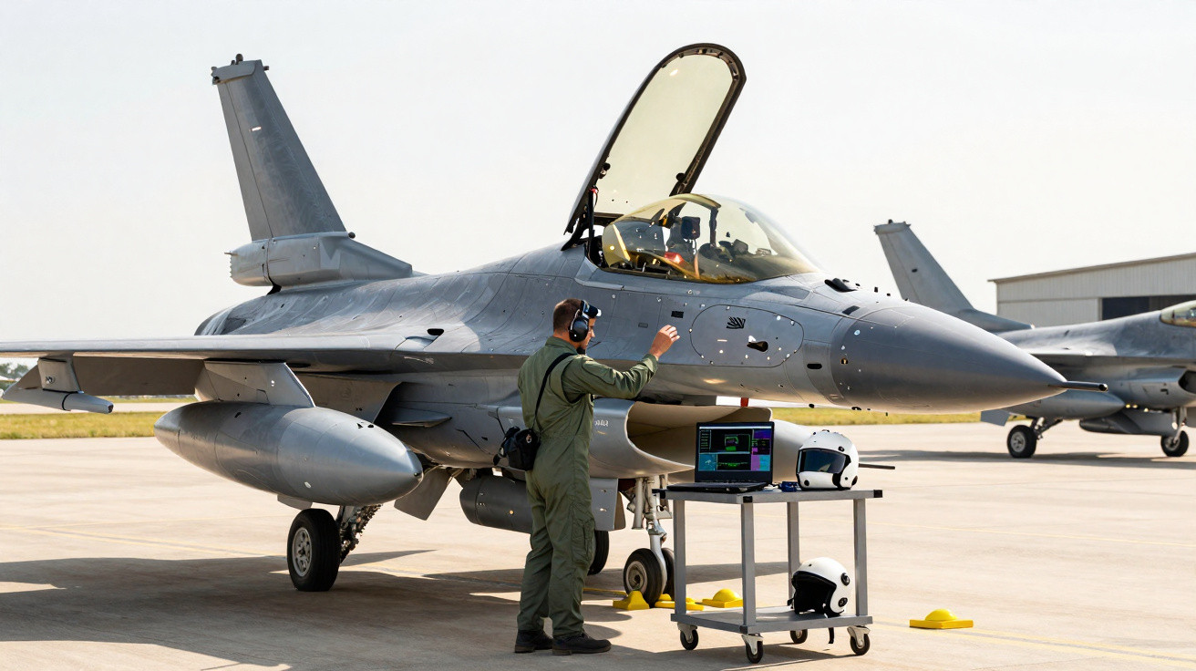 Piloto com fato verde prepara jato militar cinzento na pista de aeroporto com equipamento de suporte ao lado.