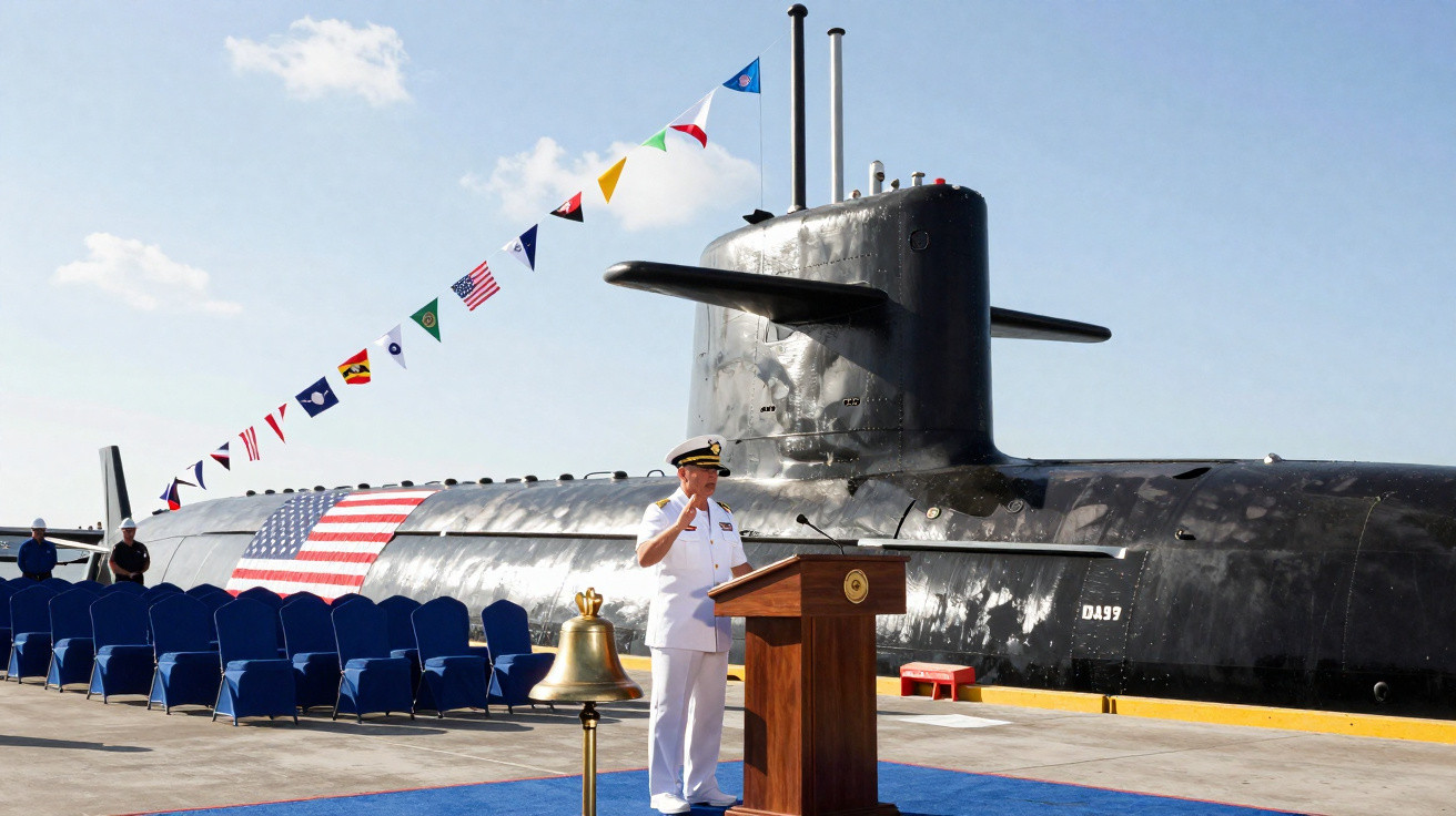 Oficial naval em uniforme branco fala num pódio junto a um submarino decorado com bandeiras marítimas e bandeira dos EUA.