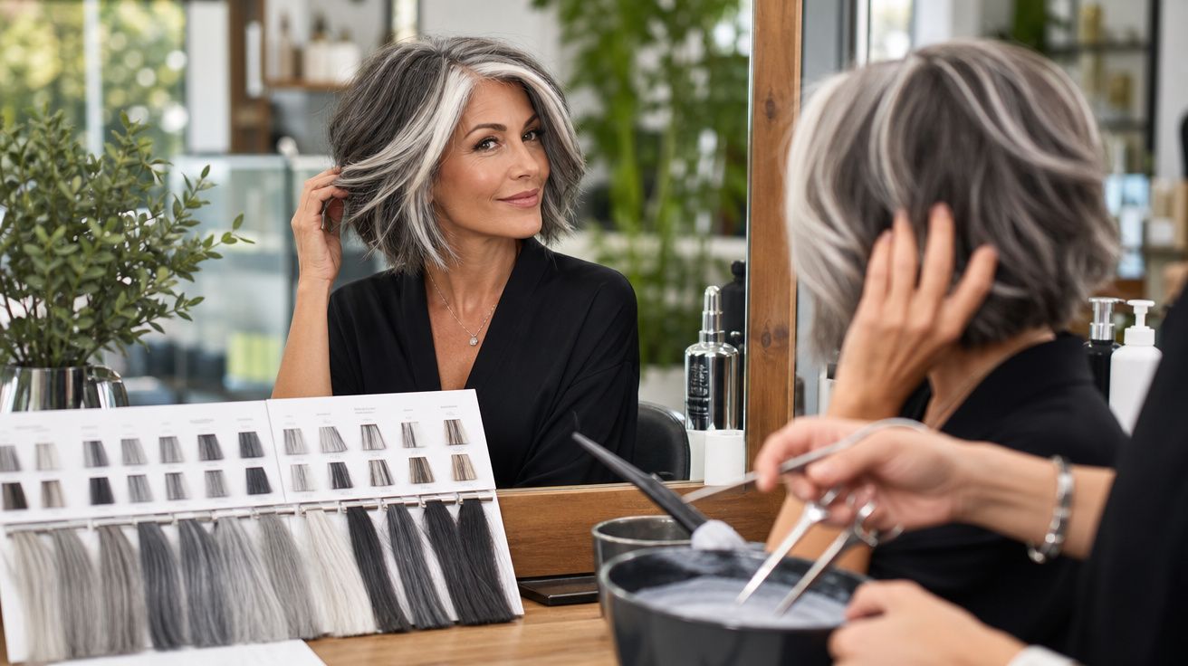Mulher de cabelo grisalho médio sentada num salão de cabeleireiro, analisando amostras de cor de cabelo no espelho.