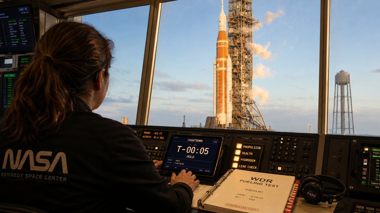 Pessoa no centro de controlo da NASA a acompanhar o lançamento iminente de um foguetão no Kennedy Space Center.