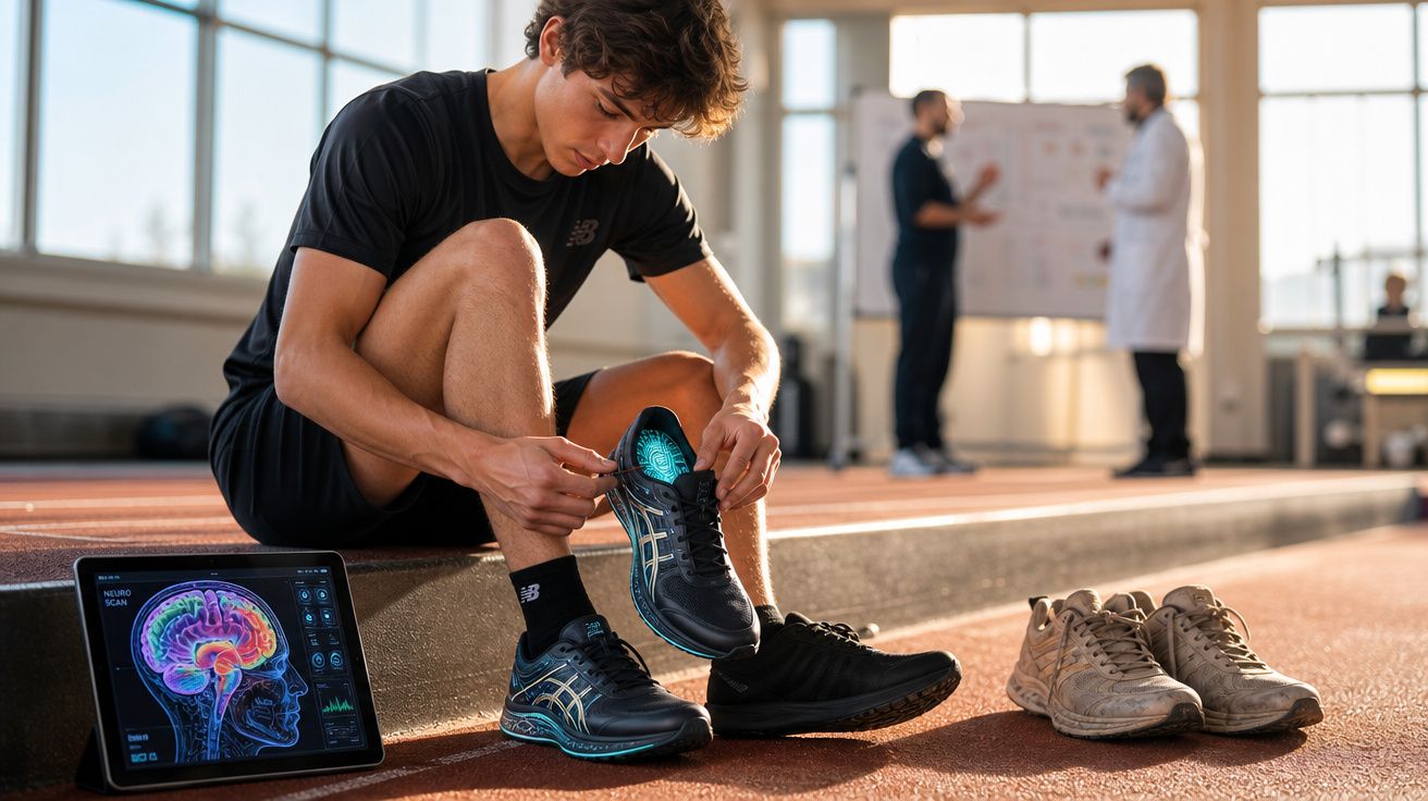 Jovem atleta a calçar ténis com tecnologia cerebral integrando dados, com profissionais em fundo desfocado.