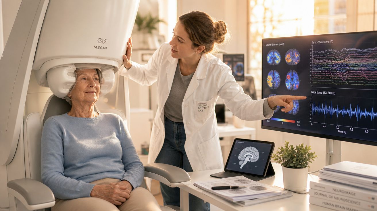 Mulher sénior a realizar exame cerebral em aparelho MEGIN, assistida por profissional com imagens do cérebro em monitor.