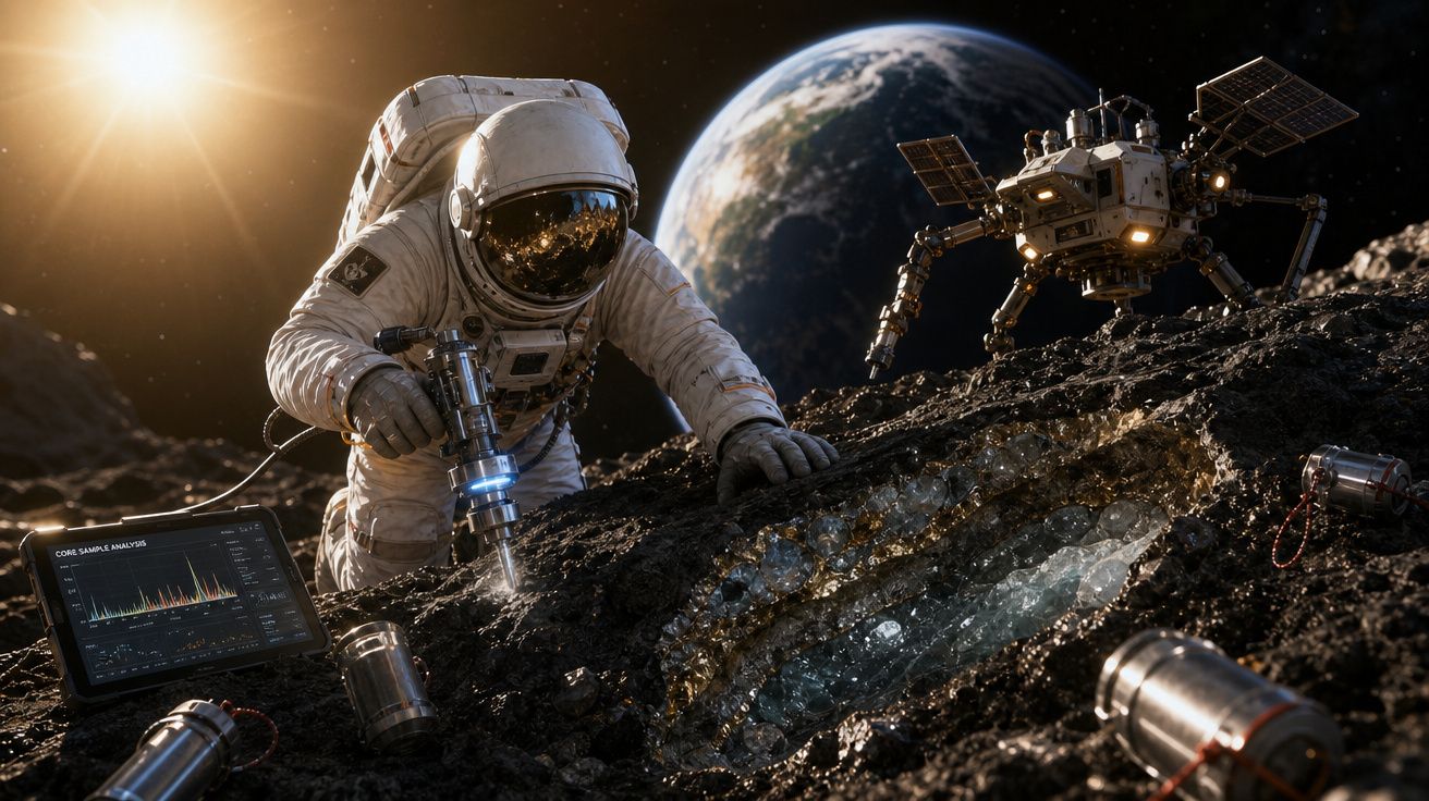 Astronauta analisa amostra de cristal num asteroide com Terra e módulo espacial ao fundo.