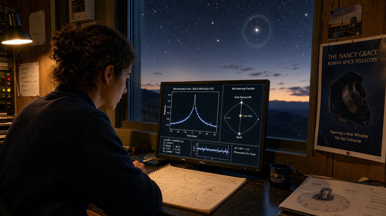 Pessoa a analisar dados astronómicos num computador, com céu estrelado visível pela janela ao fundo.