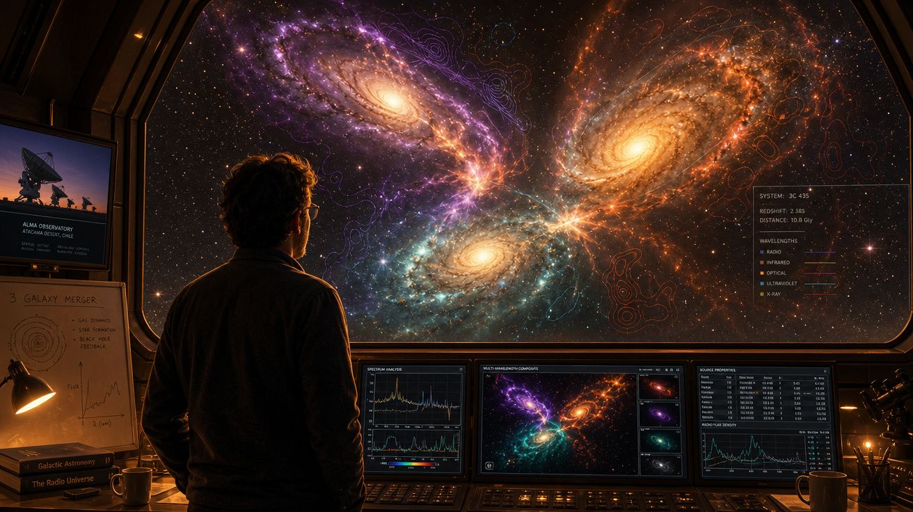 Pessoa observa através de uma janela gigante fusão de galáxias coloridas em ambiente tecnológico de astronomia.