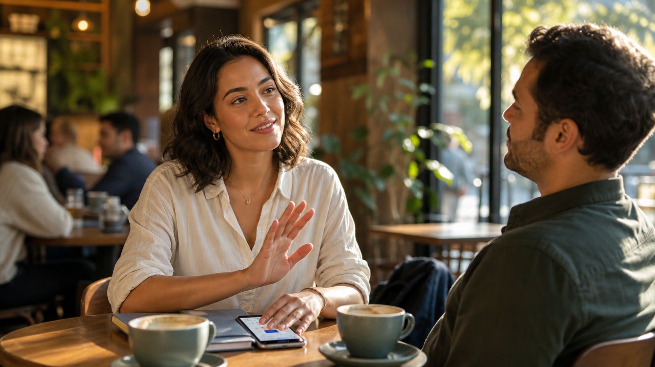 Mulher sorri e gesticula enquanto conversa com homem numa cafeteria com café e telemóvel na mesa.